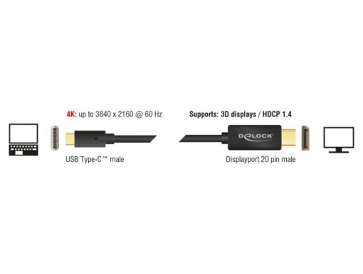 Delock Cable USB Type-C male > DisplayPort male (DP Alt Mode) 4K 60 Hz - 1 m-58984