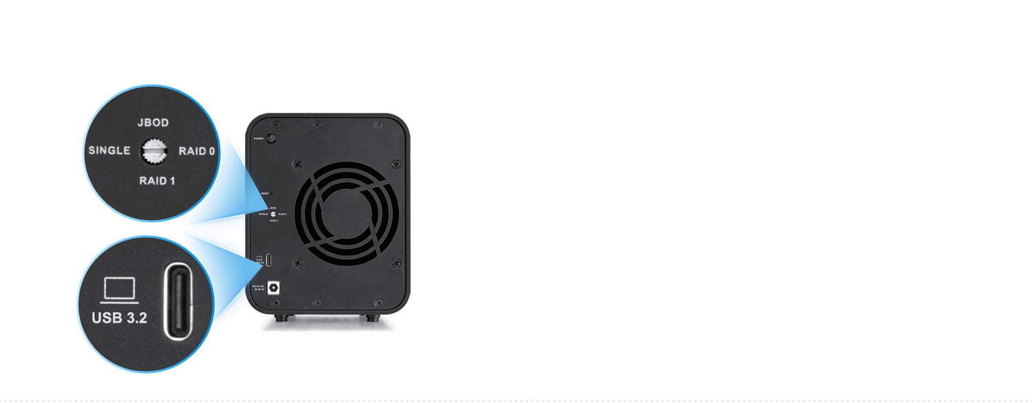 TerraMaster D5 Hybrid: Achterzijde D5 Hybrid met USB-C, voeding en RAID-keuzeschakelaar