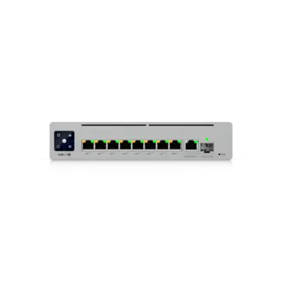 UniFi Long-Range Switch 8 PoE voorkant met 8 PoE+++-poorten en uplink