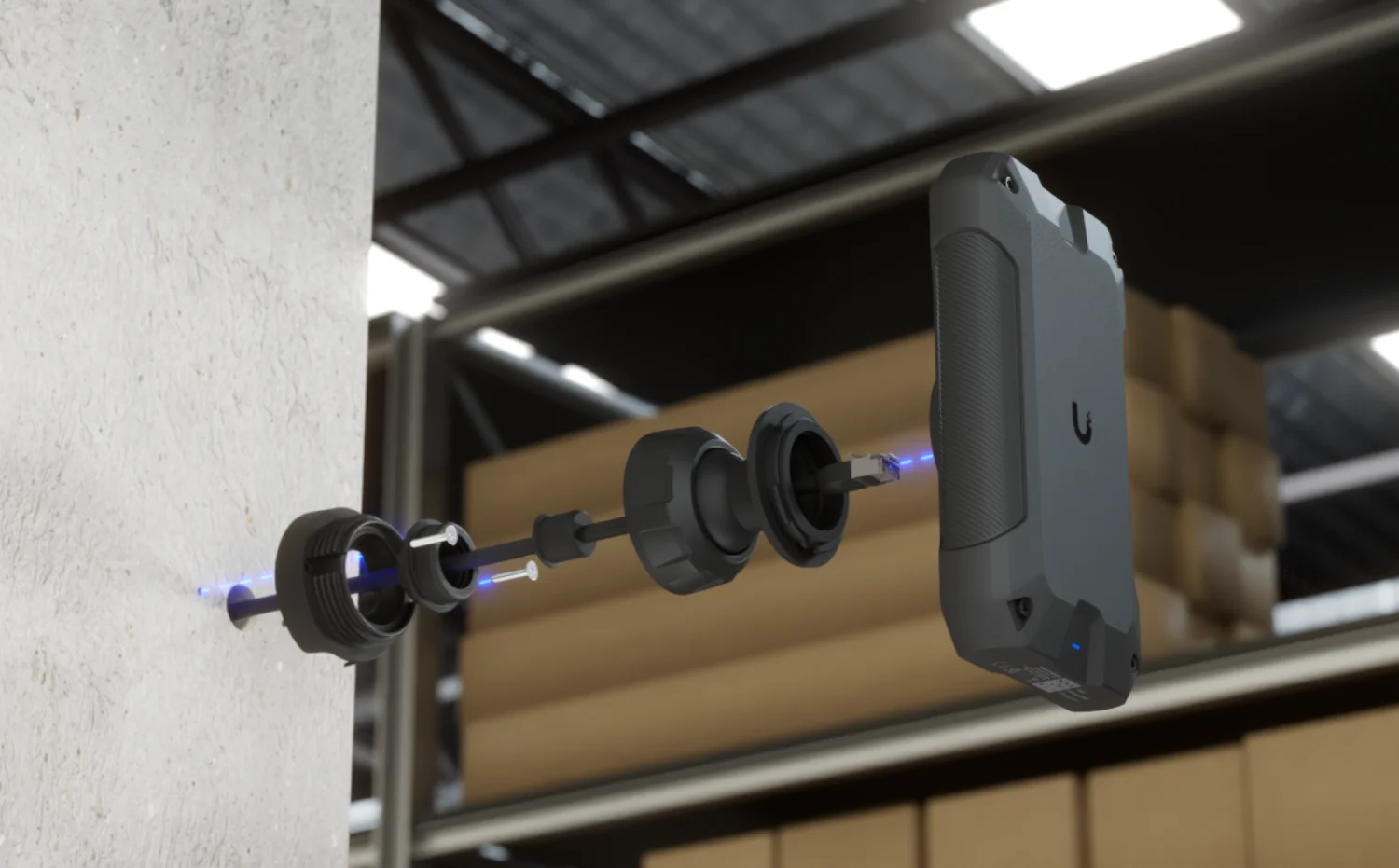 Wandmontage van de U7 Industrial met kabelwartel en kogelbevestiging
