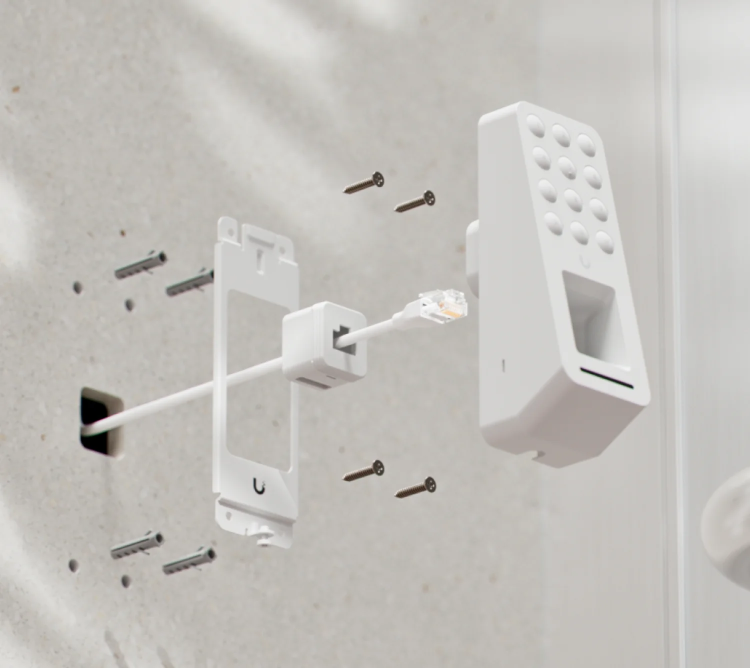 Montage van de witte G3 Reader Fingerprint: montageplaat, netwerkkabel en schroeven