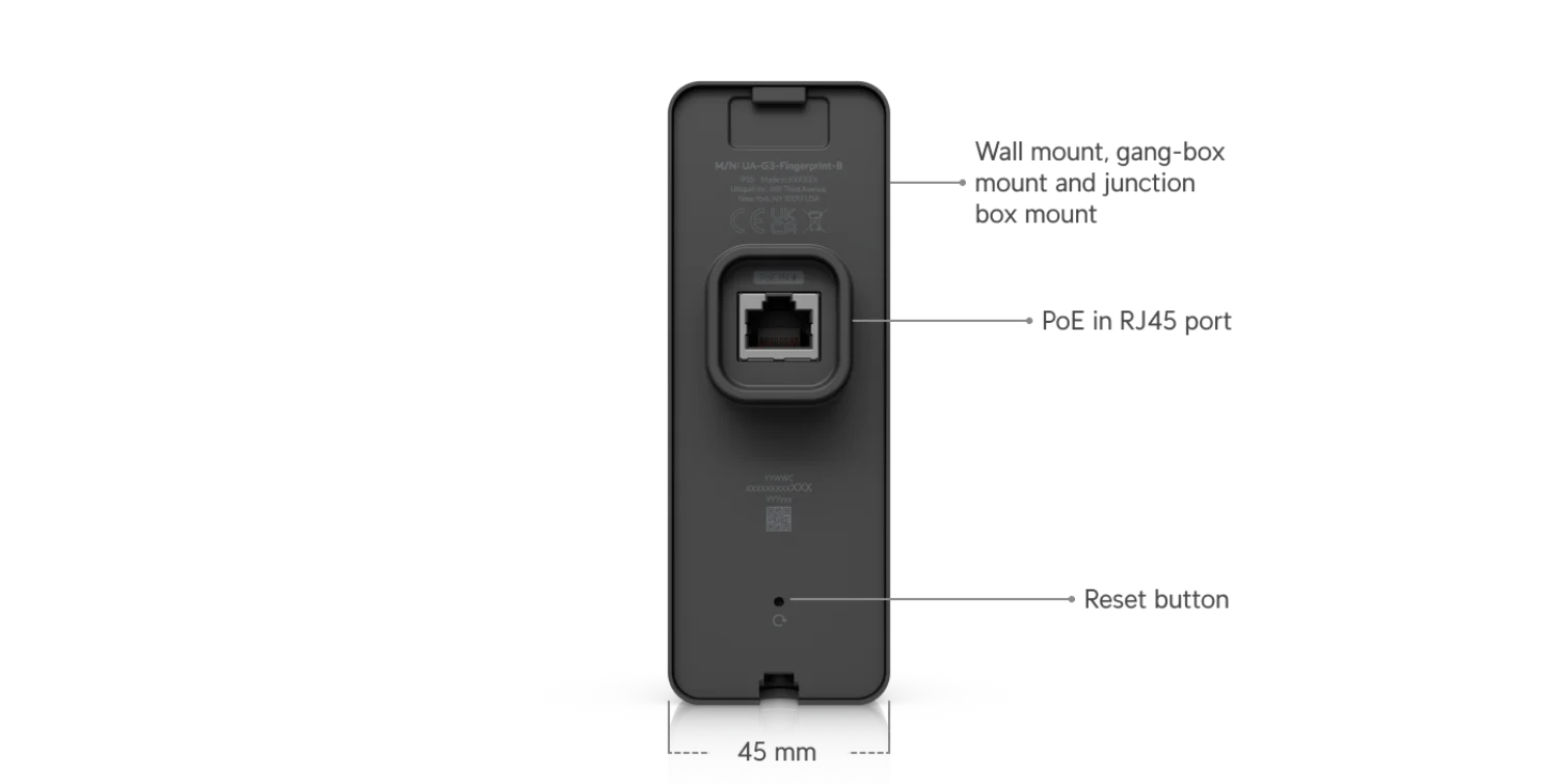 Achterkant van de G3 Reader Fingerprint met PoE-poort, resetknop en montagepunten