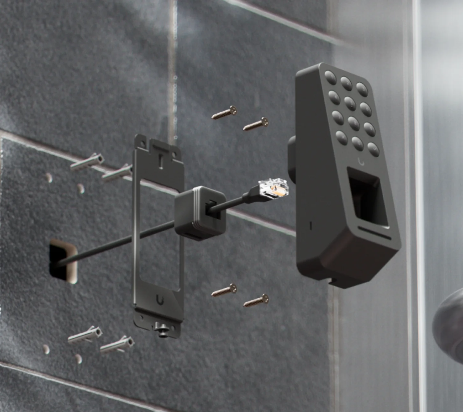 Montage van de zwarte G3 Reader Fingerprint: montageplaat, netwerkkabel en schroeven