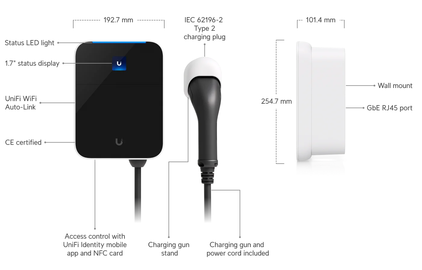 Afmetingen, display en aansluitingen van de EU EV Station Lite met Type 2-laadstekker