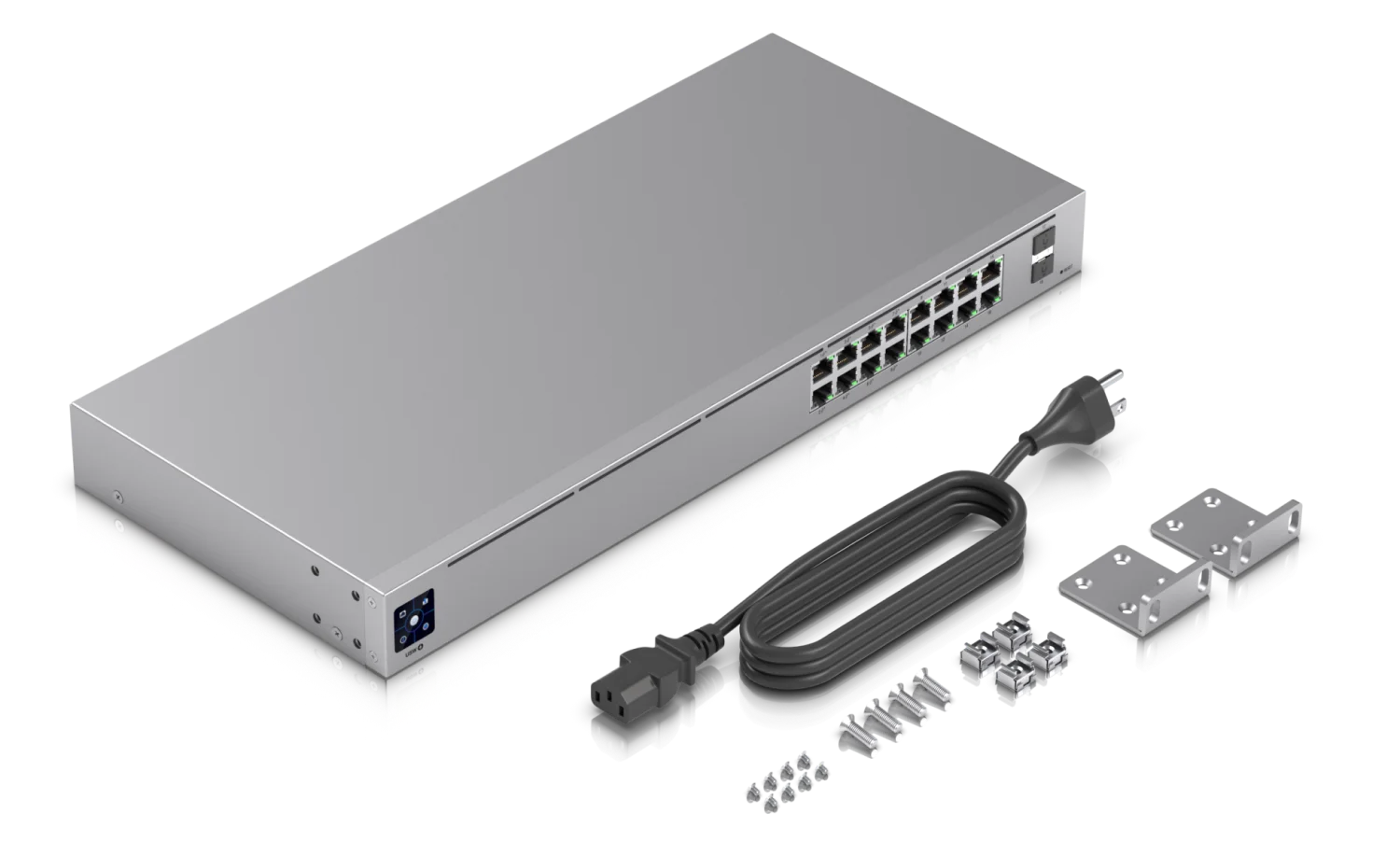 UniFi Switch 16 PoE – switch, voedingskabel en rackmateriaal