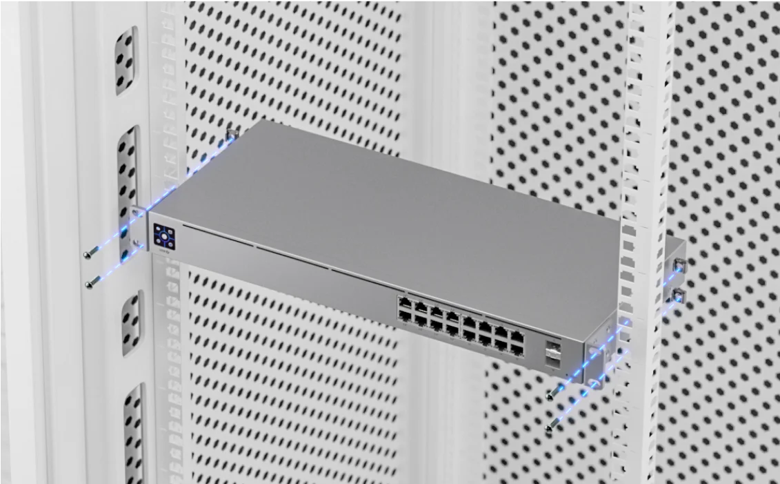 UniFi Switch 16 PoE – bevestiging met rackbeugels
