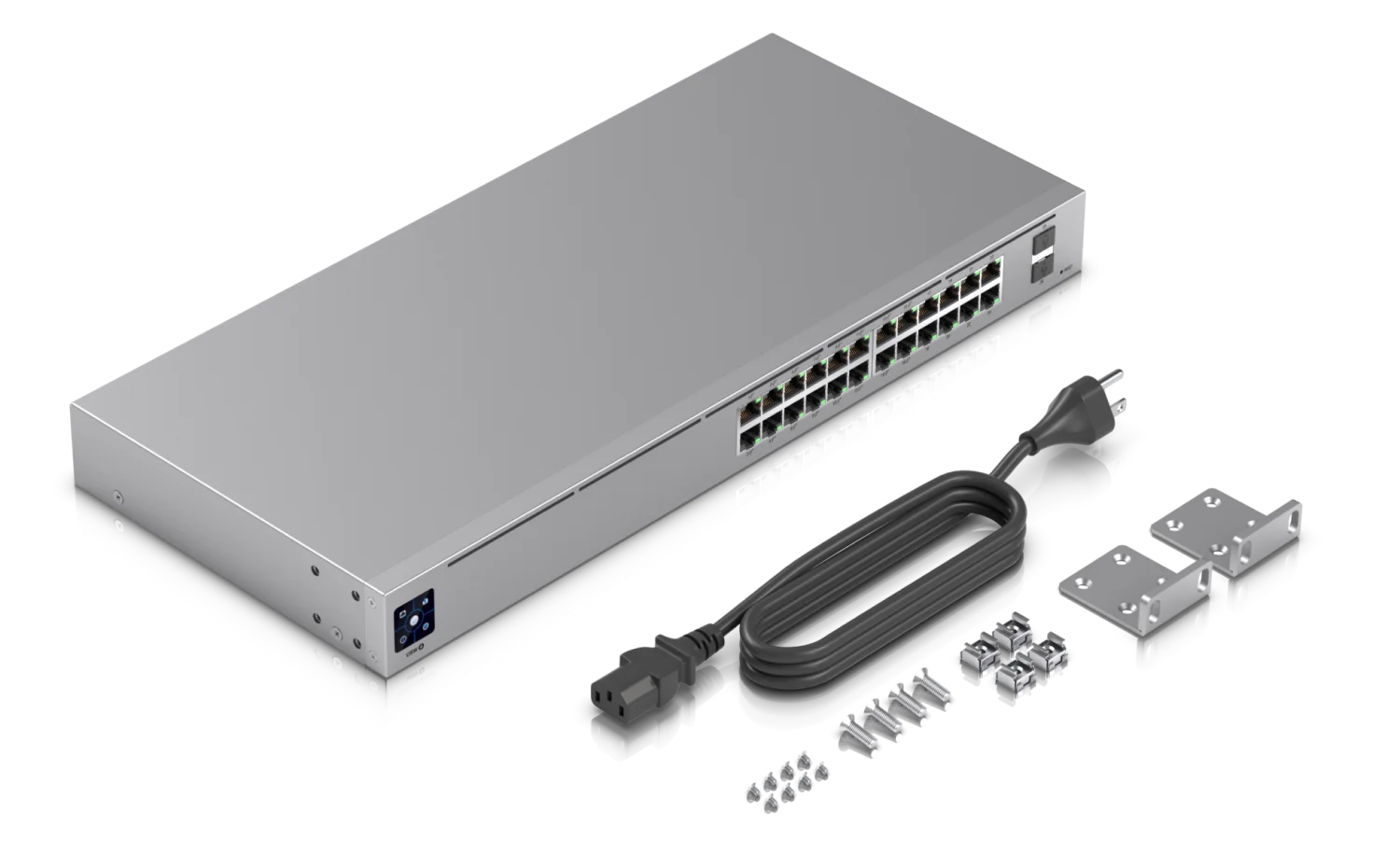 UniFi Switch 24 PoE – switch, voedingskabel en rackmateriaal
