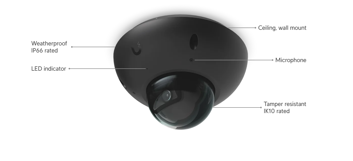 Behuizing, microfoon en beschermingsklassen van de UniFi G6 Dome in zwart